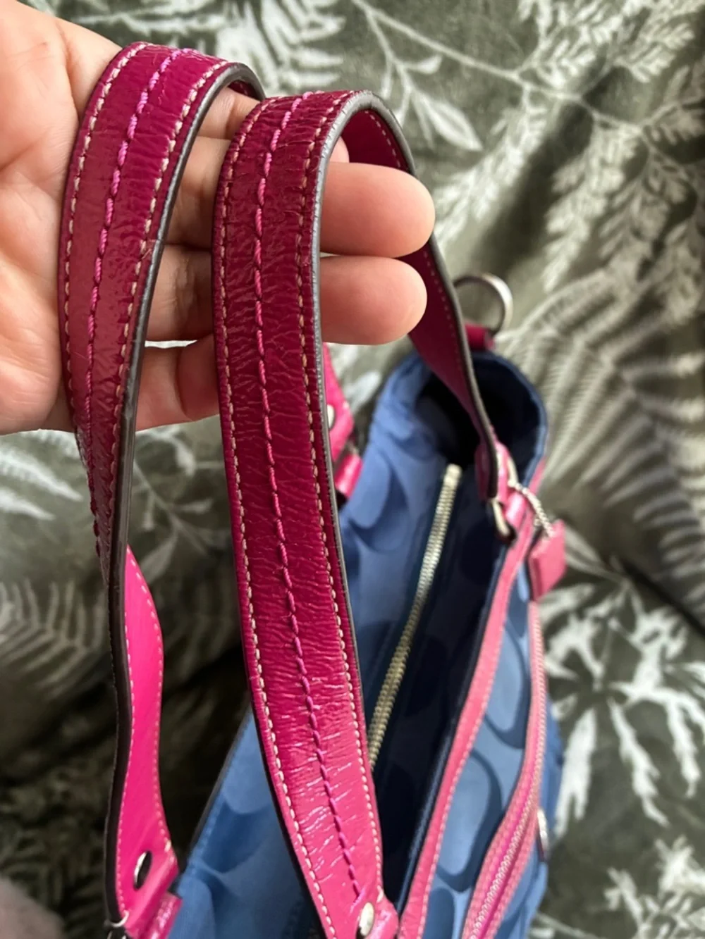 Coach Navy Signature shoulder Bag with Pink Leather Trim